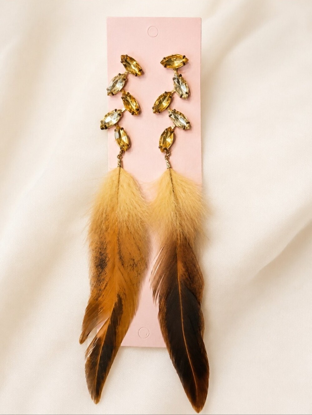 Gold Crystal Feather Earrings Boho Statement Festival Dangle